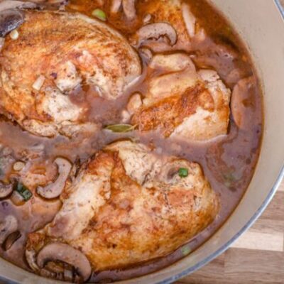 Dutch oven with coq au vin.