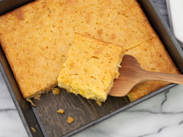 cornbread casserole prep, cutting