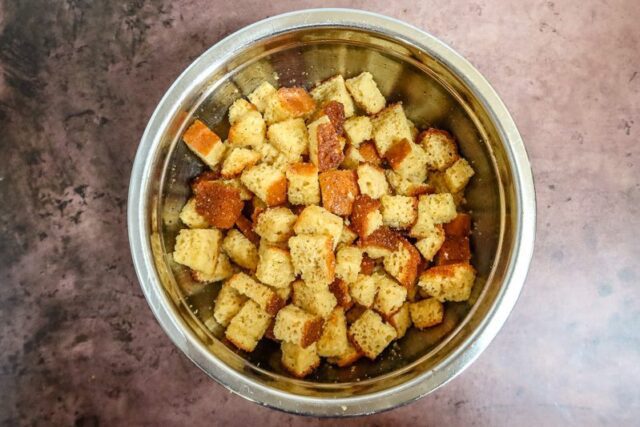 preparing cornbread croutons