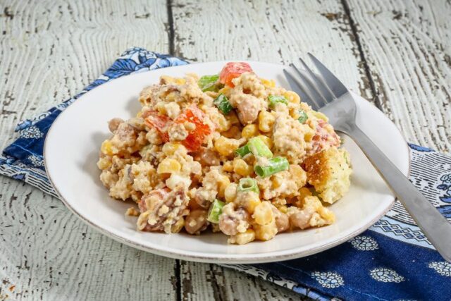 cornbread salad with tomatoes, pinto beans, and corn