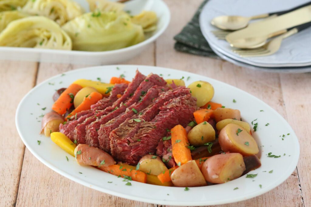 corned beef with cabbage, potatoes, and carrots