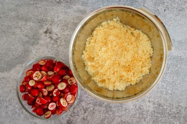 cranberry orange bread prep: sugar and orange zest