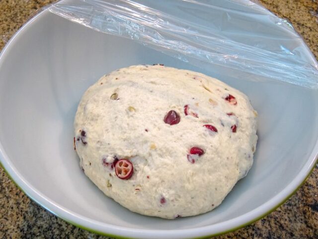 cranberry walnut yeast bread in a bowl for rising/proofing