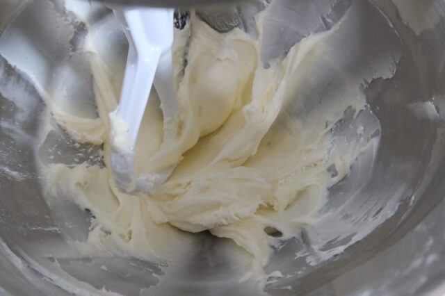 cream cheese frosting in stand mixer bowl