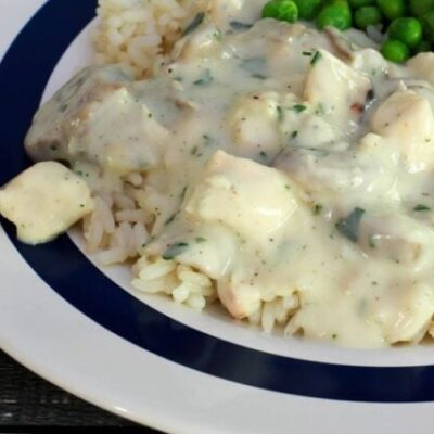 chicken and mushrooms in a creamy sauce on a plate