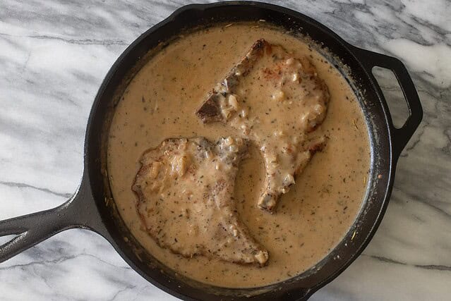 Apple cider pork chops prep: making the pan sauce.
