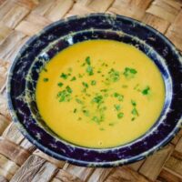 butternut squash soup in a wide bennington pottery bowl