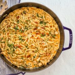 Dutch oven with Cajun chicken pasta.
