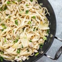 Closeup of creamy chicken pasta with artichokes and green onions.