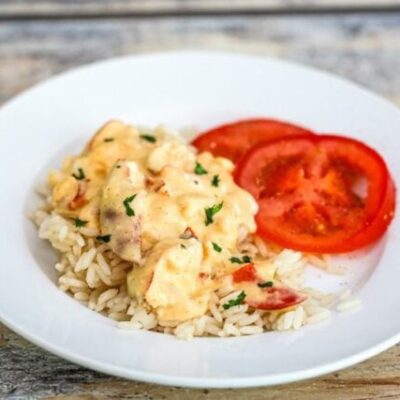 plate with lobster newburg served over rice.