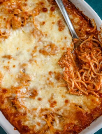 creamy spaghetti casserole in a baking dish
