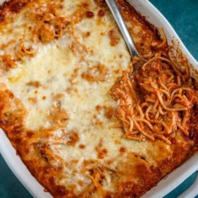creamy spaghetti casserole in a baking dish