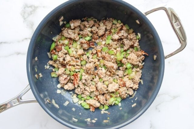 Browning the sausage and veggies for tortellini soup