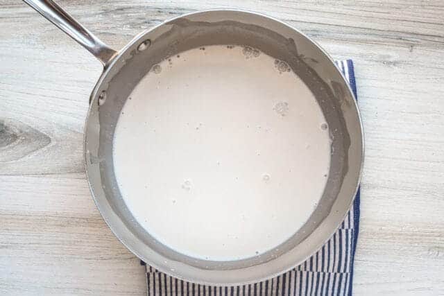 Crème anglaise prep: heating the milk and vanilla.