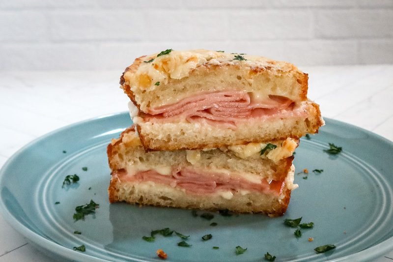 closeup of a croque monsieur sandwich on a plate 