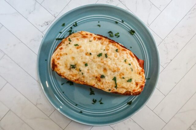 croque monsieur sandwich overhead picture on a plate