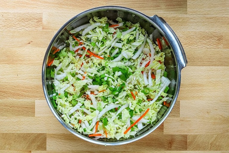 Fresh chopped cabbage salad with carrots and green onions in a metal bowl.