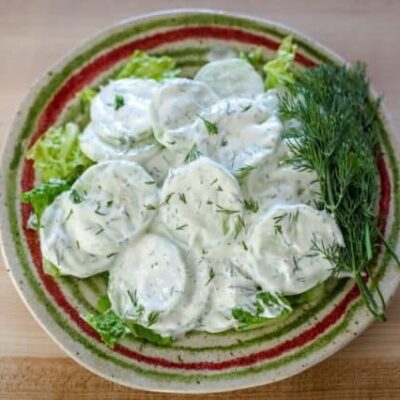 cucumber salad with sour cream and dill on a plate
