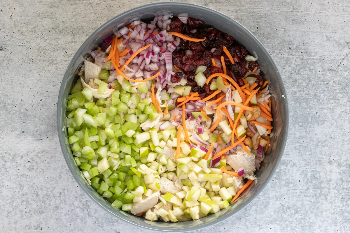Curried chicken salad prep.