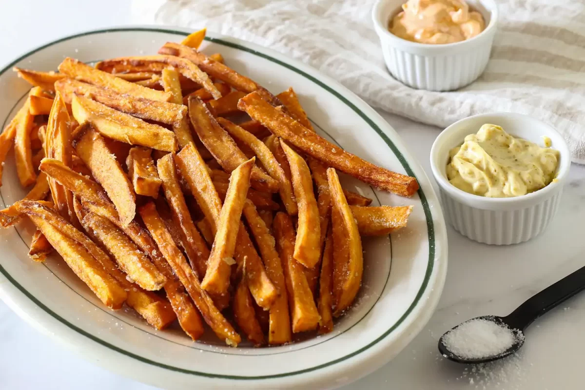 Curry and Sriracha mayo dips in ramekins with sweet potato fries.