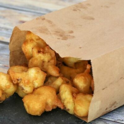 beer battered cauliflower deep fried in a bag
