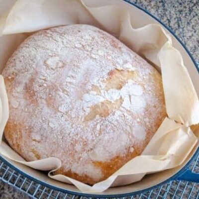 no-knead dutch oven bread in the baking pan