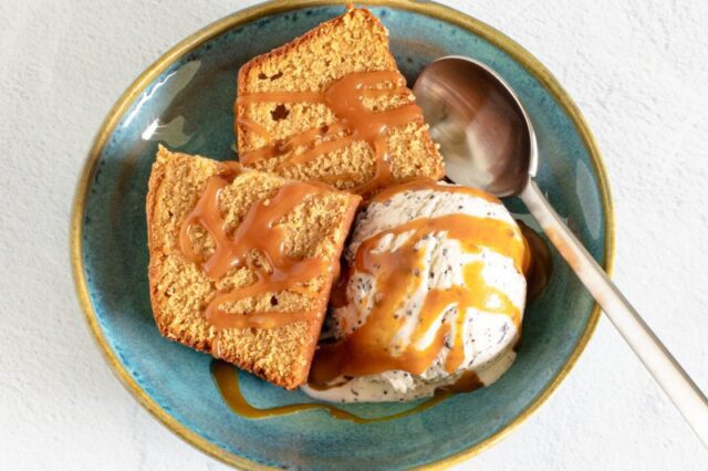 homemade caramel sauce drizzled over ice cream and pound cake