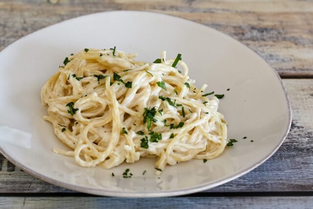 easy pasta alfredo on a plate