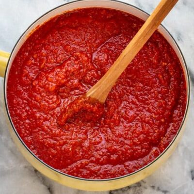Homemade pizza sauce in a pan