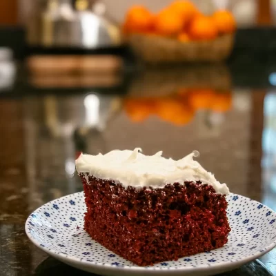 Fudgy chocolate cake slice with creamy frosting on a plate.