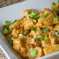 A serving bowl with leftover turkey in a warm, spiced curry sauce.
