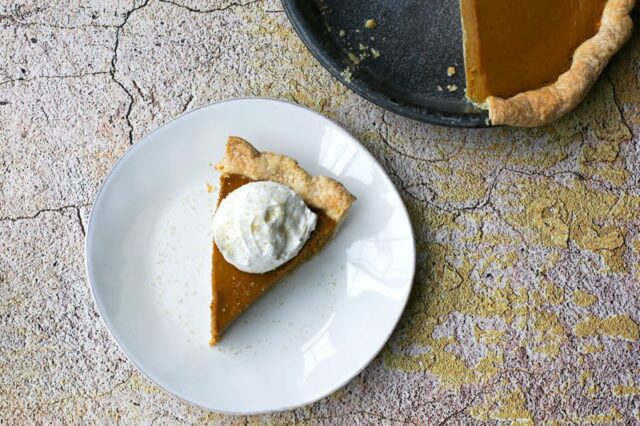 overhead photo of bourbon pumpkin pie