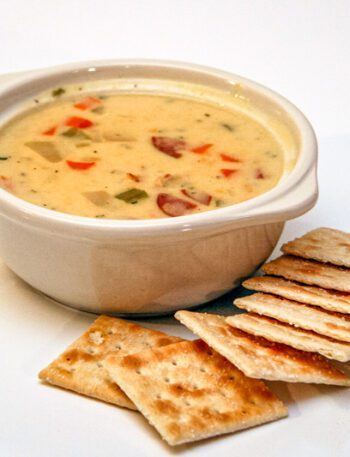 fall chicken chowder in a bowl with crackers