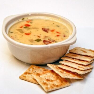 fall chicken chowder in a bowl with crackers
