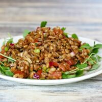 farro salad on pea shoots