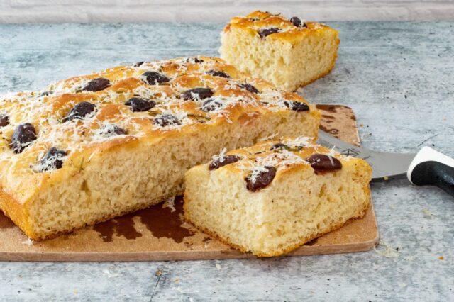 olive focaccia with parmesan cheese