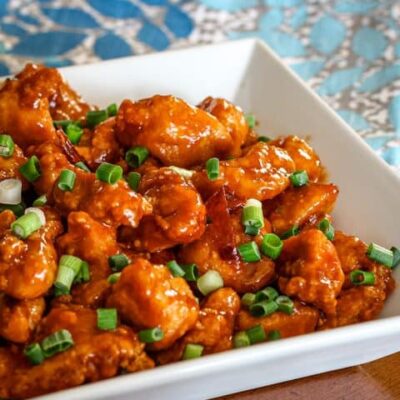 serving bowl with general tso's chicken
