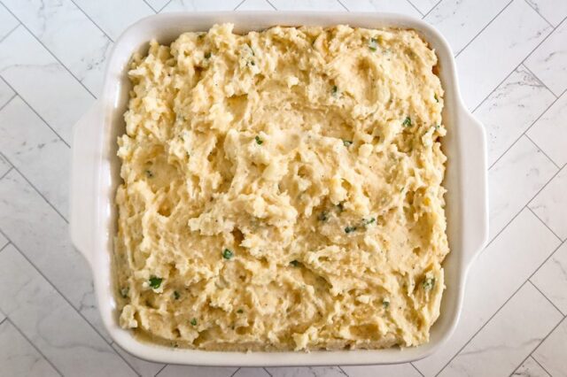 Mashed potato topping on a cottage pie.