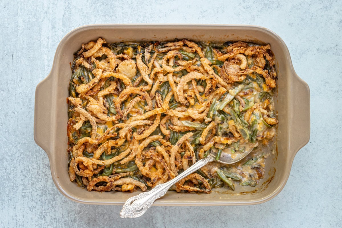 A green bean casserole in a baking dish.