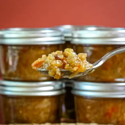 Creamy vegetable relish with a spoon.