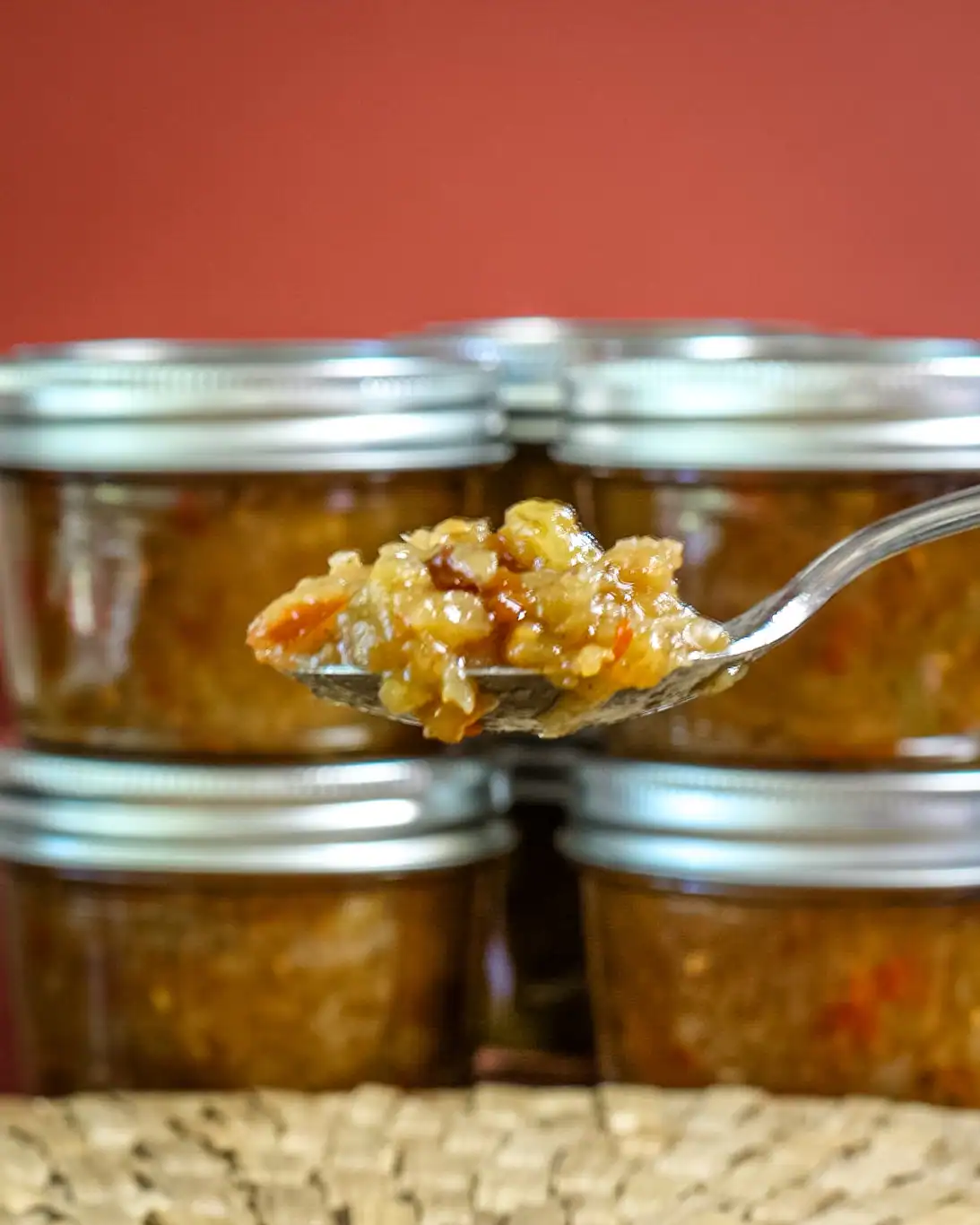 Creamy vegetable relish with a spoon.
