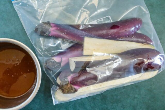 Chinese eggplant in a food storage bag.