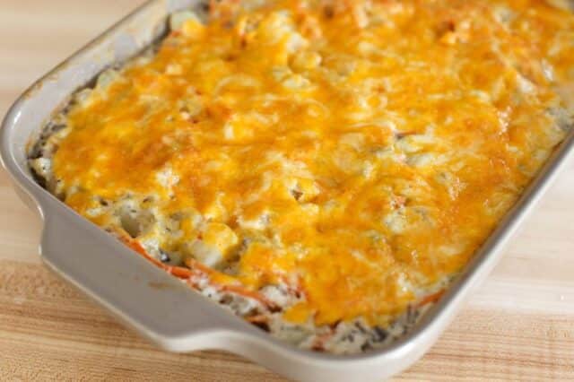 Cheese-topped ground beef and potato casserole.