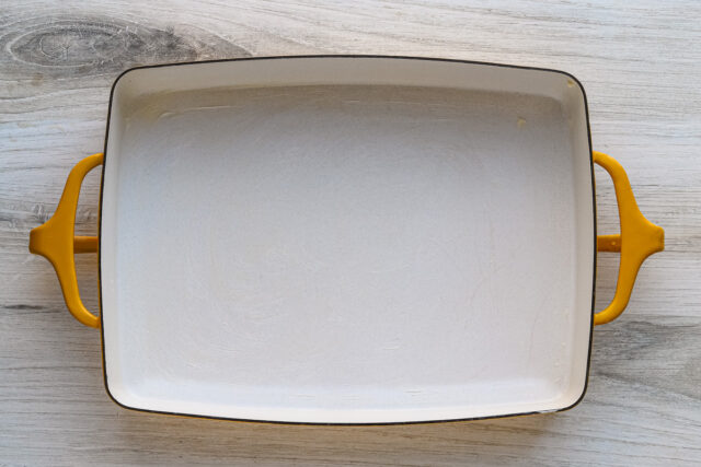 A yellow buttered baking dish (Dansk).