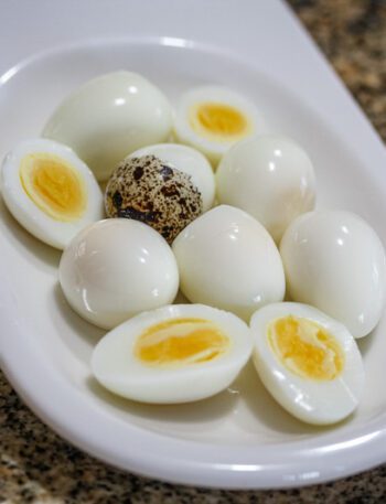 hard-boiled quail eggs, peeled