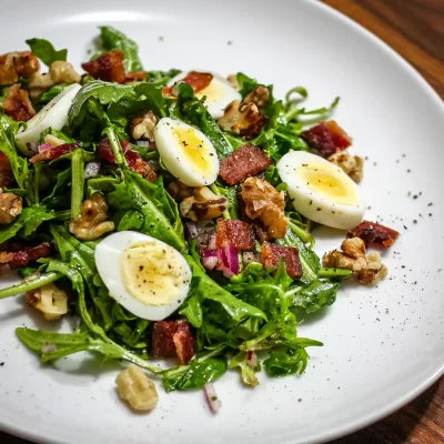 Grilled sausage and bacon salad with hard-boiled eggs and greens.