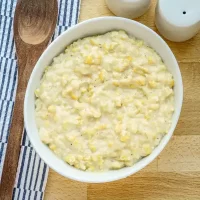 Creamy mashed potatoes with butter and seasoning.