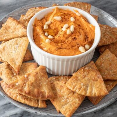 homemade pita chips with a hummus dip