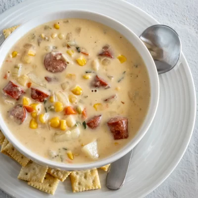 Creamy sausage and corn chowder in a white bowl with crackers on a white plate.