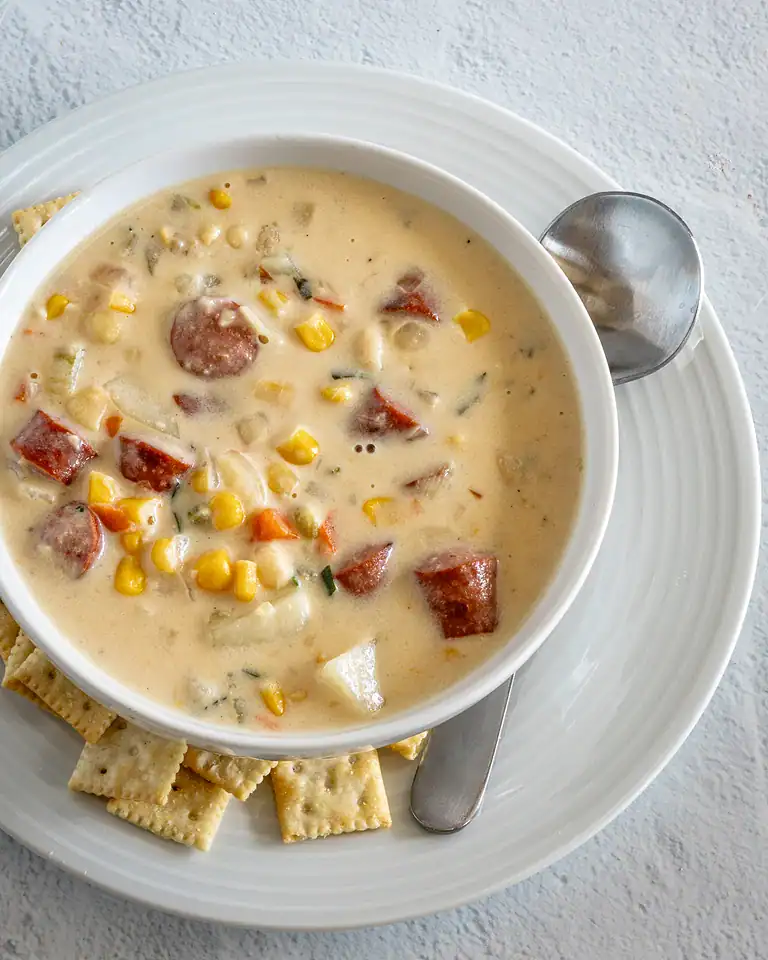 Creamy sausage and corn chowder in a white bowl with crackers on a white plate.